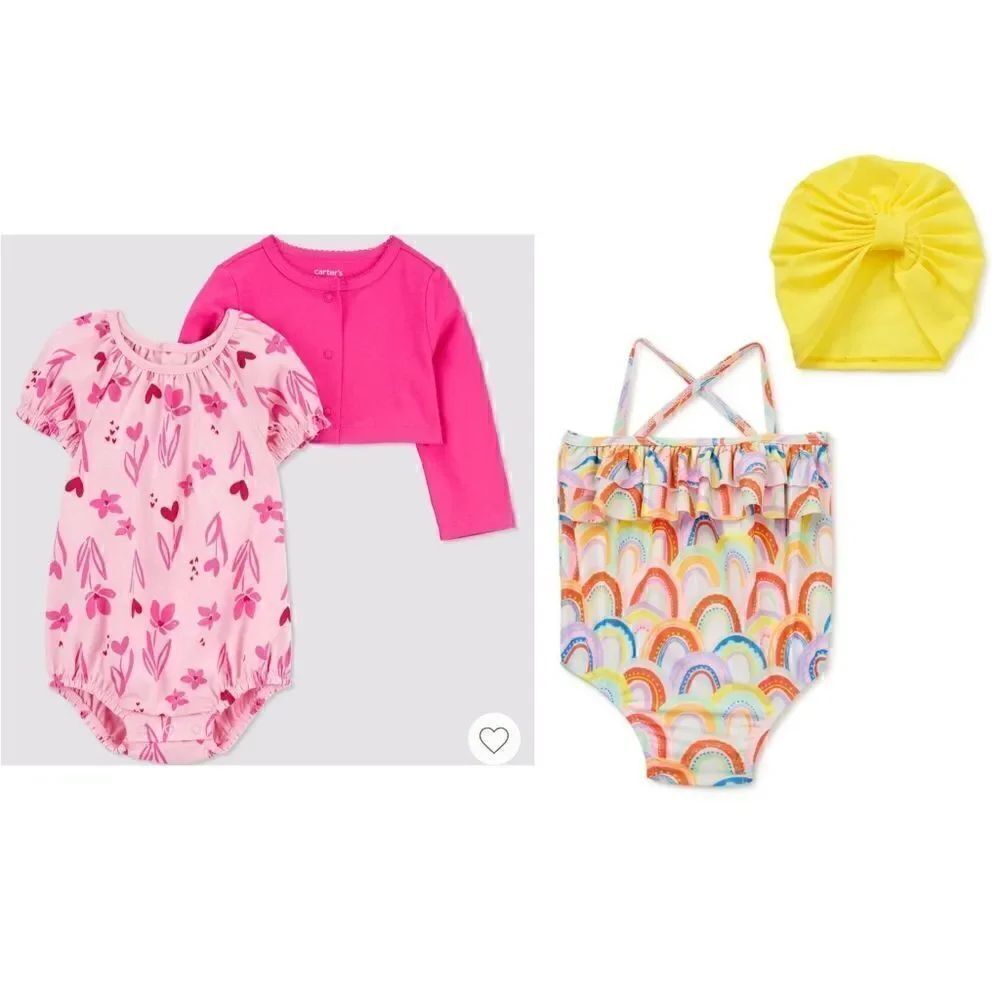 Nwt Baby Girls Summer Clothes Bundle, Swimsuit, Turban, Romper, Cardigan